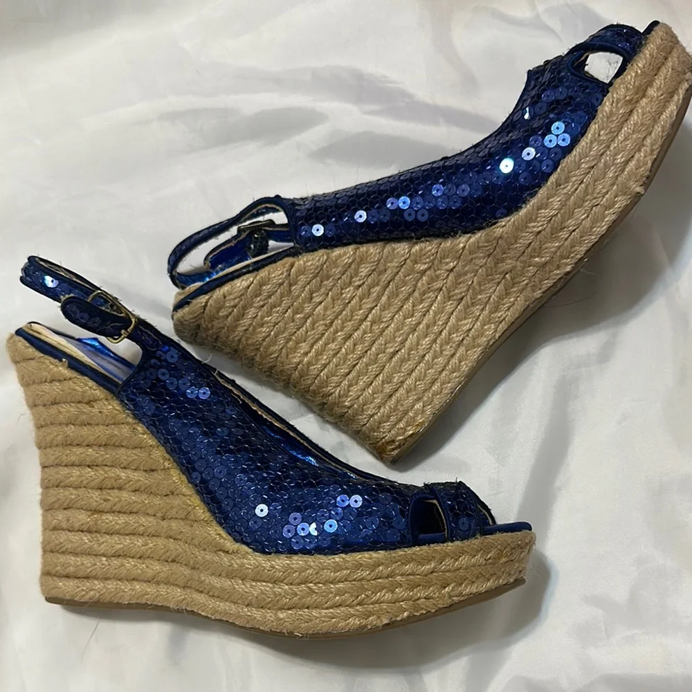 Blue Sequin Wedge Sandals Size‎ 9.5 Showoff Show Off